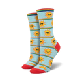 Pair of women's crew socks in light blue.  Features a pattern of smiling suns wearing sunglasses and rainbow stripes.