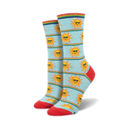 Pair of women's crew socks in light blue.  Features a pattern of smiling suns wearing sunglasses and rainbow stripes.