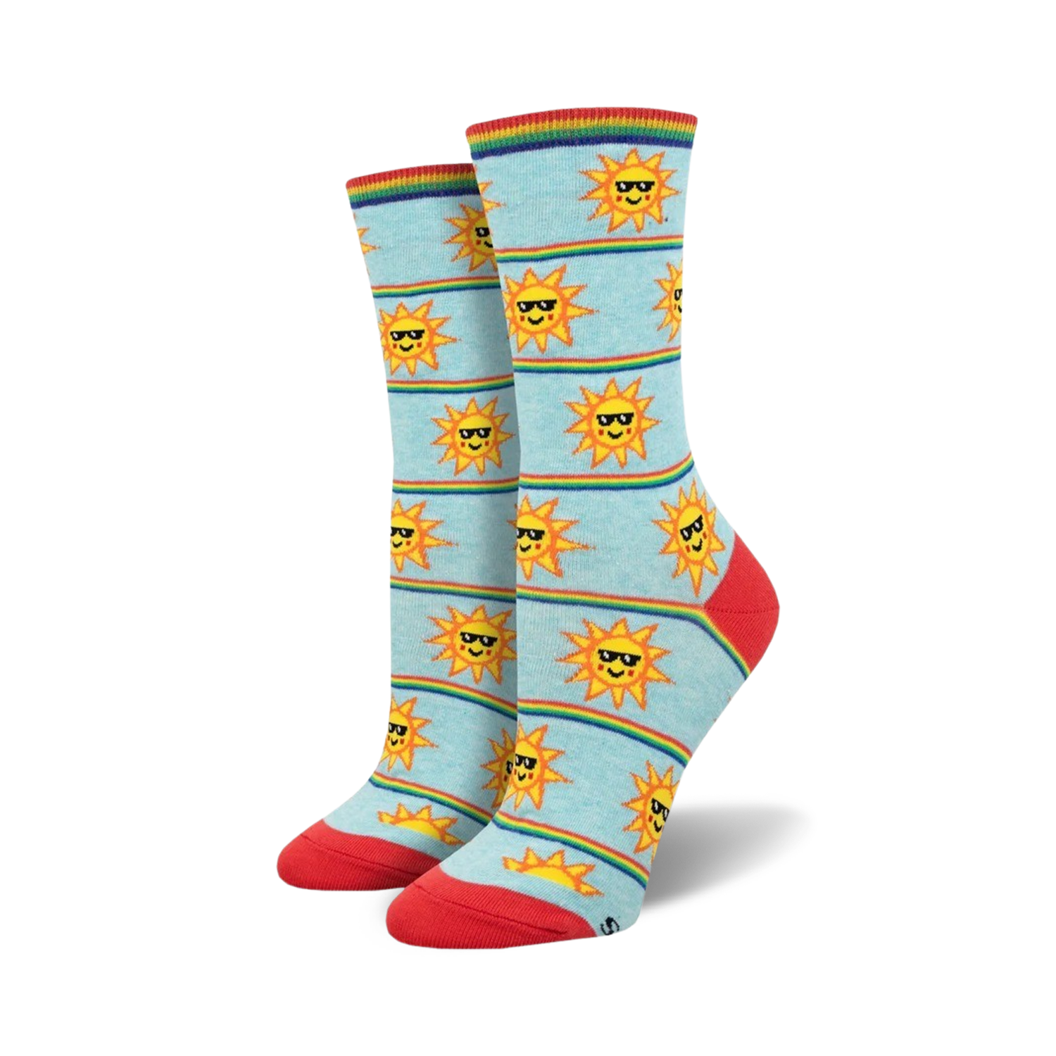 Pair of women's crew socks in light blue.  Features a pattern of smiling suns wearing sunglasses and rainbow stripes.