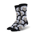 Pair of black crew socks with a repeating pattern of Albert Einstein's face in off-white and gray.