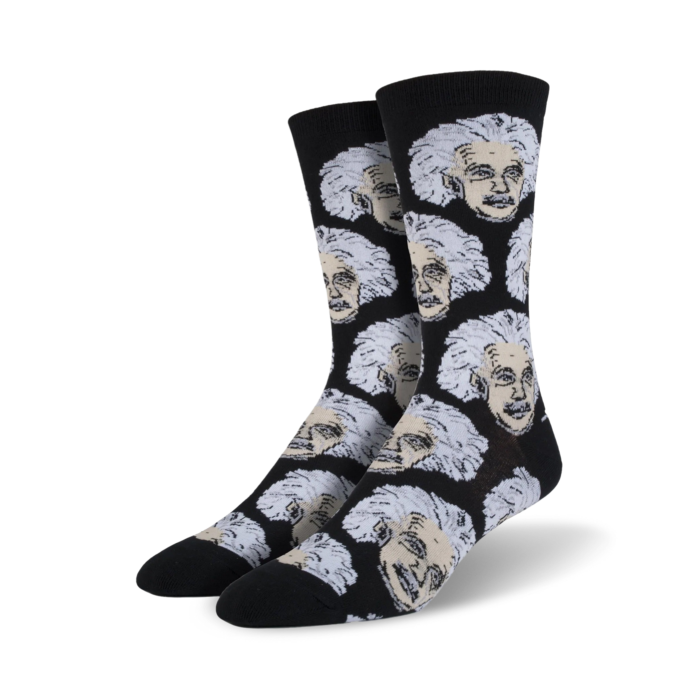 Pair of black crew socks with a repeating pattern of Albert Einstein's face in off-white and gray.
