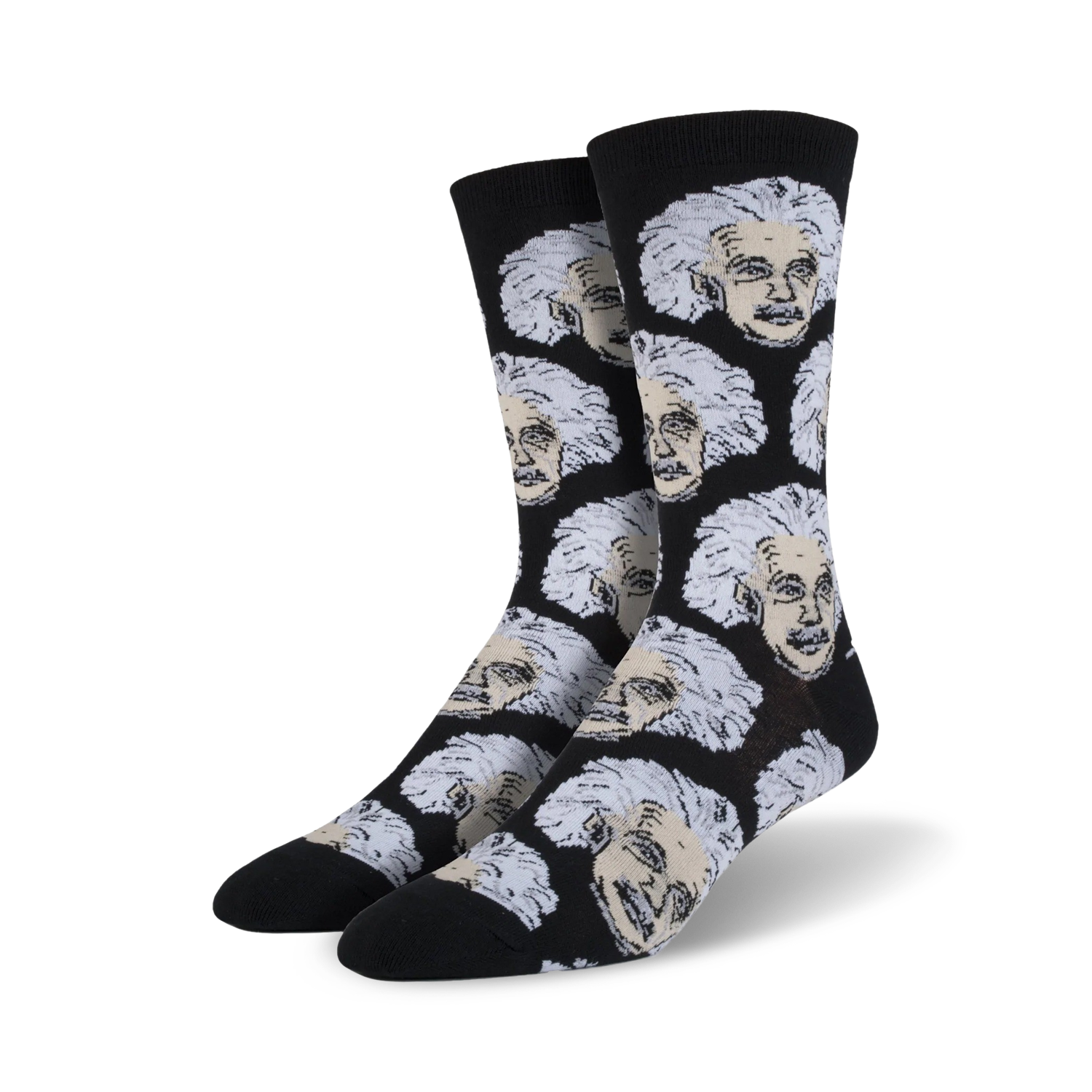 Pair of black crew socks with a repeating pattern of Albert Einstein's face in off-white and gray.