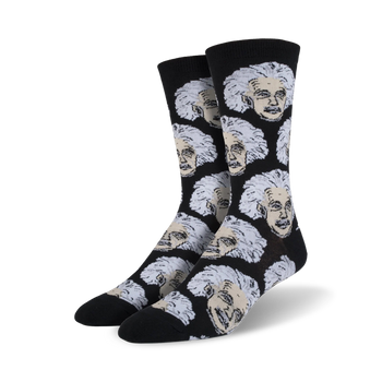 black crew socks, men's, featuring a repeated pattern of albert einstein's face in white and grey.   