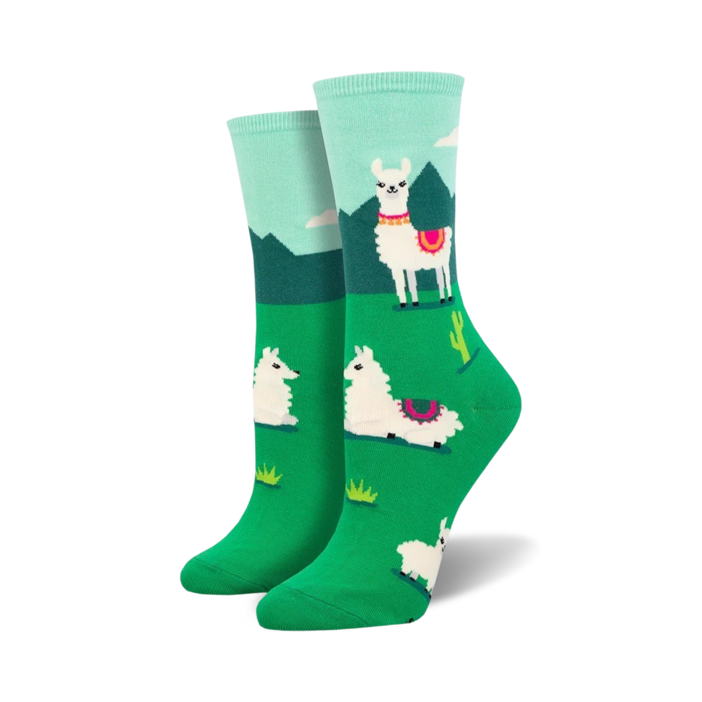 A pair of women's crew socks in teal, green, and white.  The socks feature a fun design of llamas in a grassy landscape with cacti.