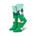 A pair of women's crew socks in teal, green, and white.  The socks feature a fun design of llamas in a grassy landscape with cacti.