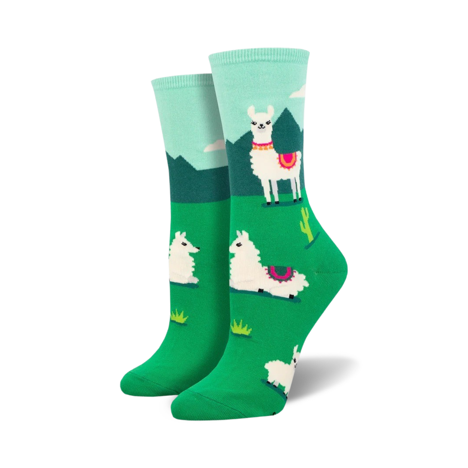 A pair of women's crew socks in teal, green, and white.  The socks feature a fun design of llamas in a grassy landscape with cacti.