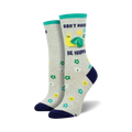 A pair of crew socks in grey with a teal cuff.  The socks feature a yellow snail, flowers, and the text 'Don't Hurry, Be Happy'.