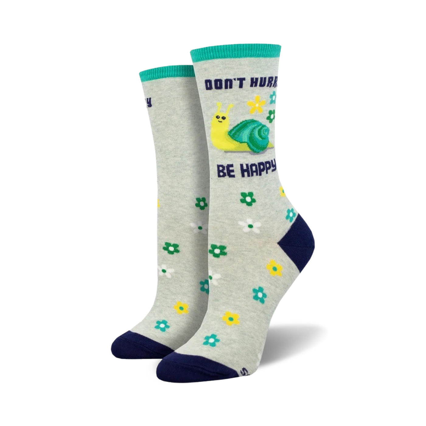 A pair of crew socks in grey with a teal cuff.  The socks feature a yellow snail, flowers, and the text 'Don't Hurry, Be Happy'.