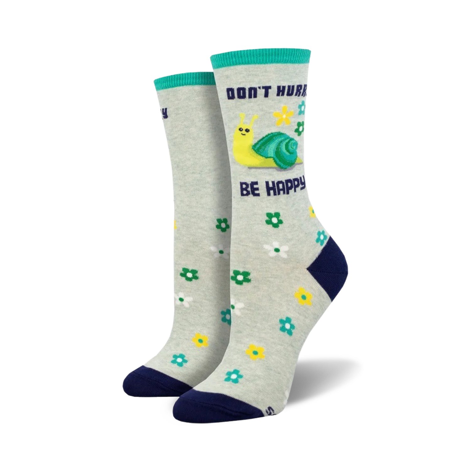 A pair of crew socks in grey with a teal cuff.  The socks feature a yellow snail, flowers, and the text 'Don't Hurry, Be Happy'.