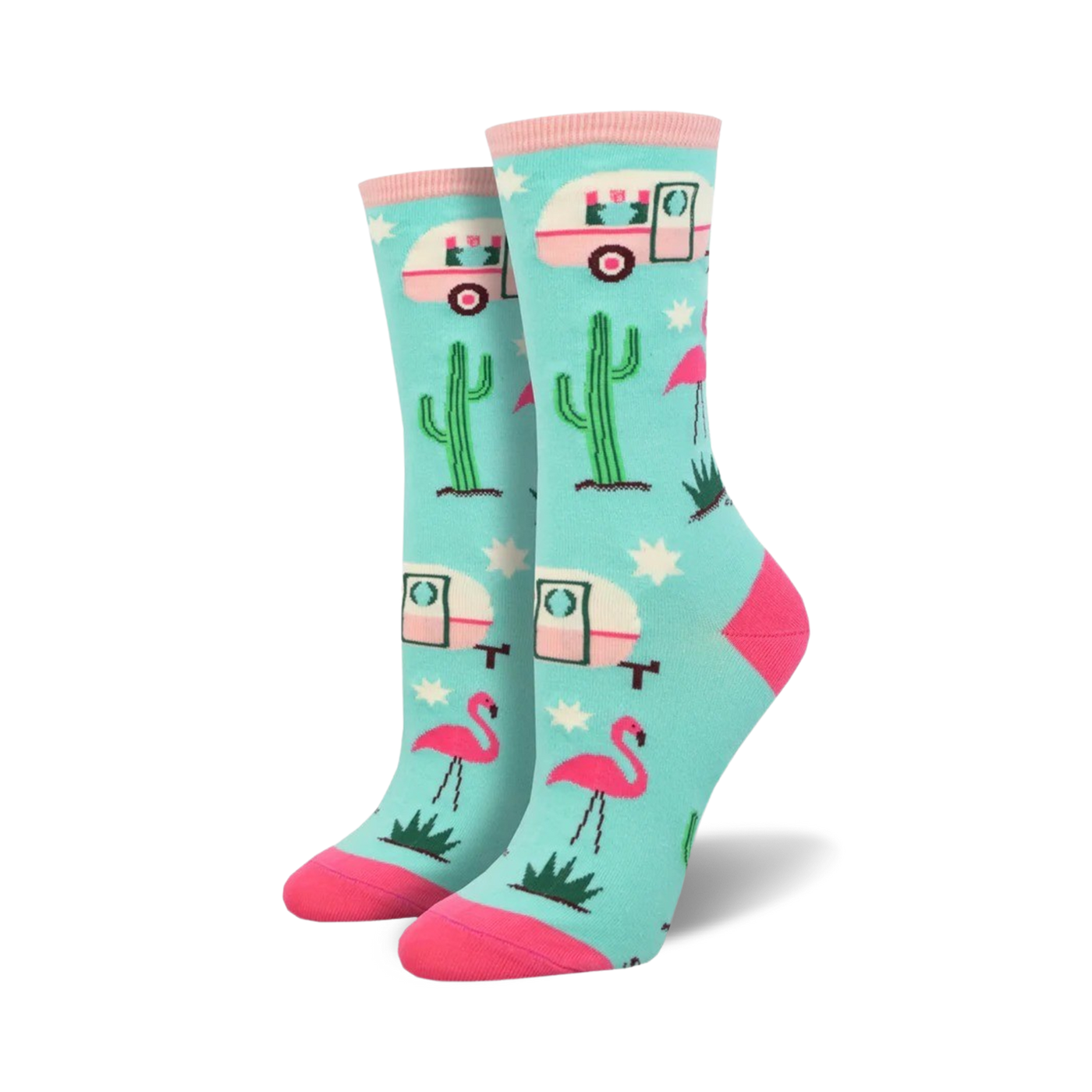 Pair of crew socks in teal, featuring pink flamingos, cacti, and retro camper vans. Fun, summery design.