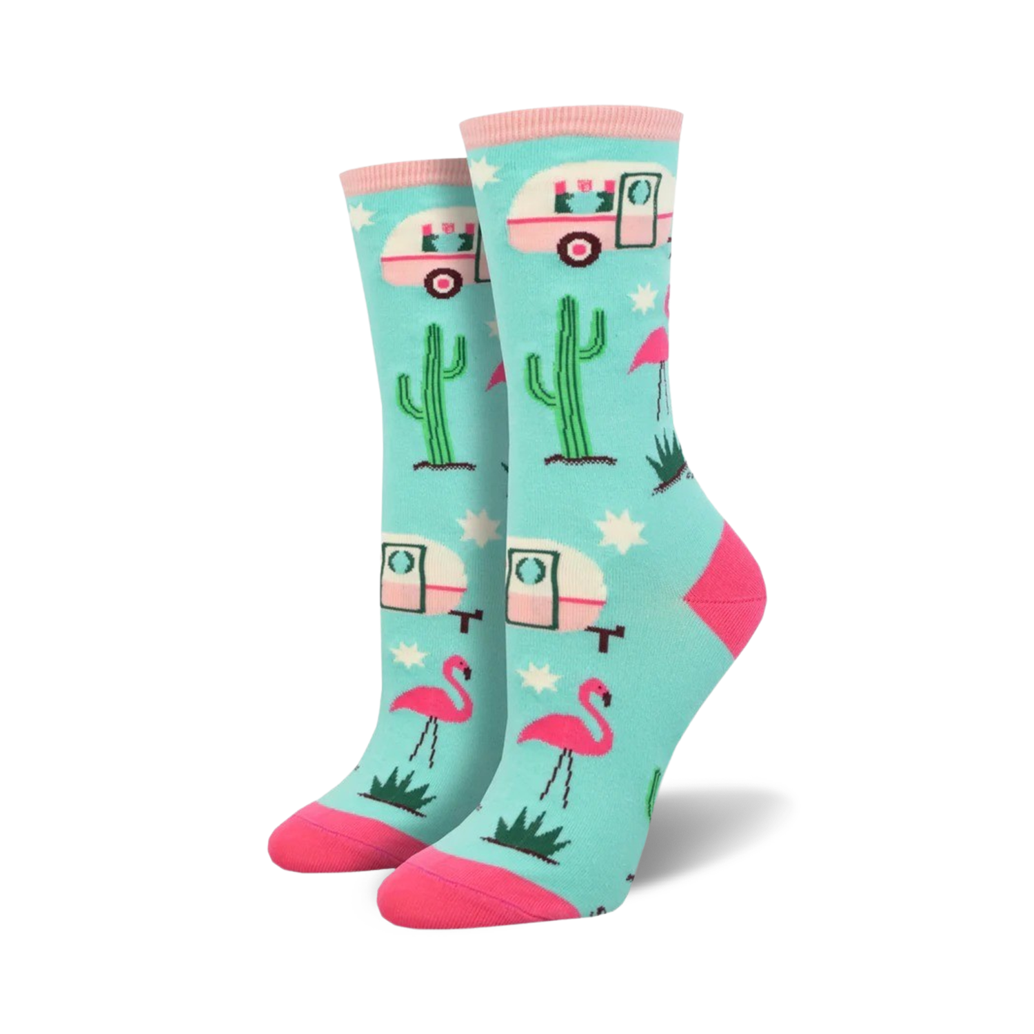 Pair of crew socks in teal, featuring pink flamingos, cacti, and retro camper vans. Fun, summery design.