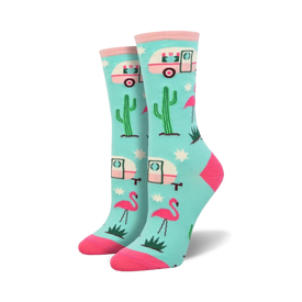 crew socks for women with a retro camping theme including pink flamingos, green cactus, and white vintage campers  