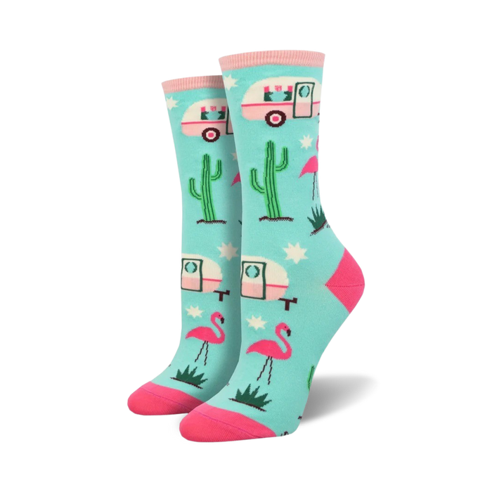 crew socks for women with a retro camping theme including pink flamingos, green cactus, and white vintage campers   }}