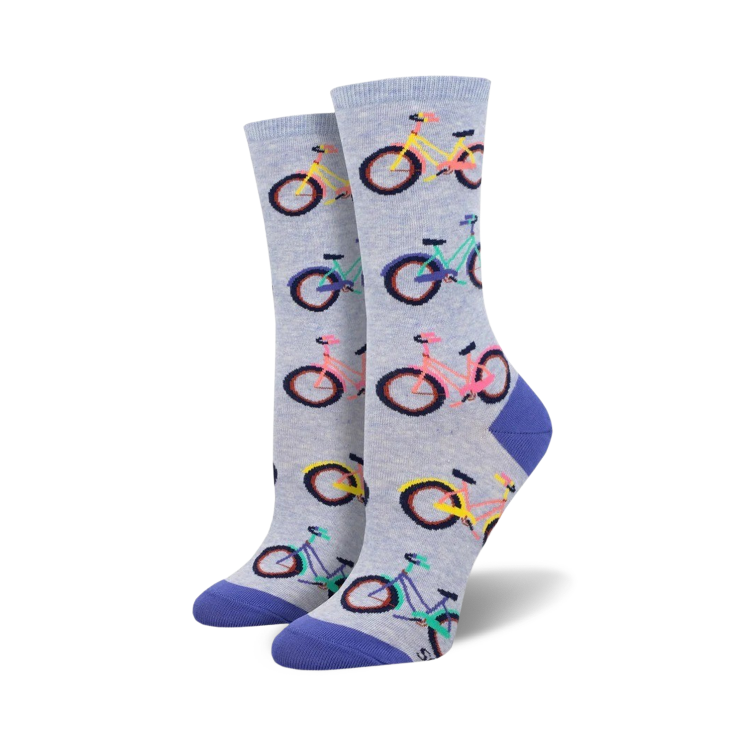 Pair of women's crew socks. Light blue and grey with colorful bicycle pattern.  Purple, pink, and teal accents.