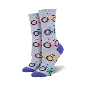 light blue crew socks for women with colorful bicycle pattern.  