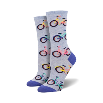 light blue crew socks for women with colorful bicycle pattern.  