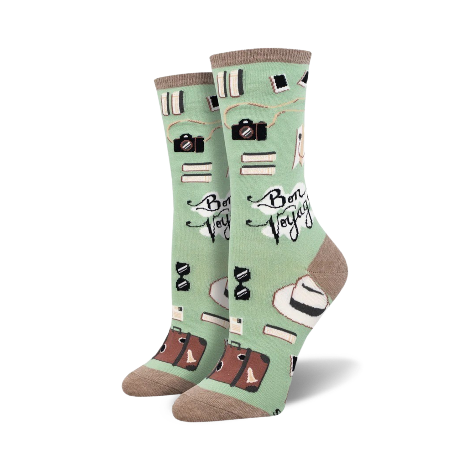 Lifestyle shot showing the mint green 'Bon Voyage' socks on a person's feet. 