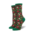 Pair of women's crew socks, brown and green, featuring a pattern of mice on strawberry vines.