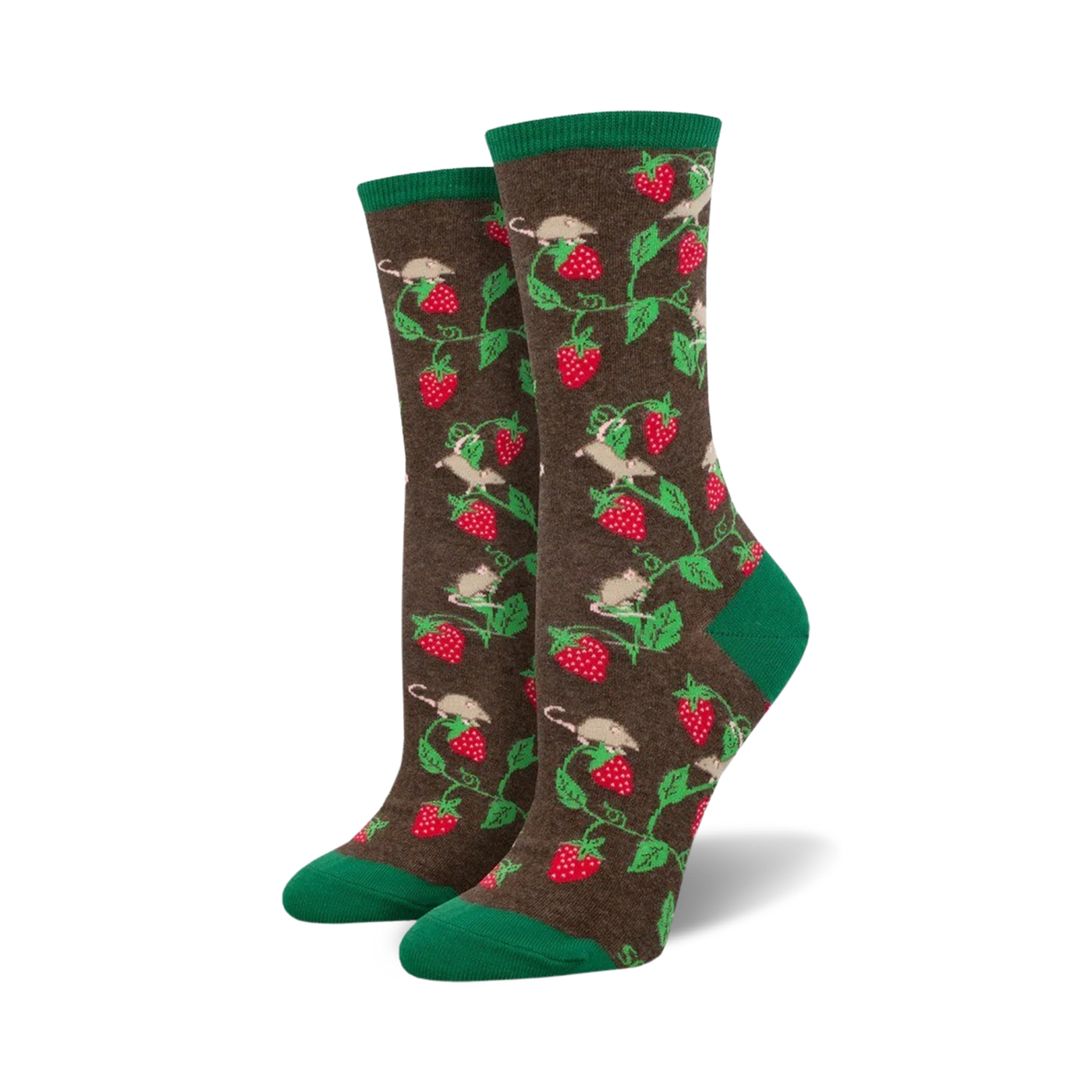 Pair of women's crew socks, brown and green, featuring a pattern of mice on strawberry vines.