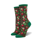 Pair of women's crew socks, brown and green, featuring a pattern of mice on strawberry vines.