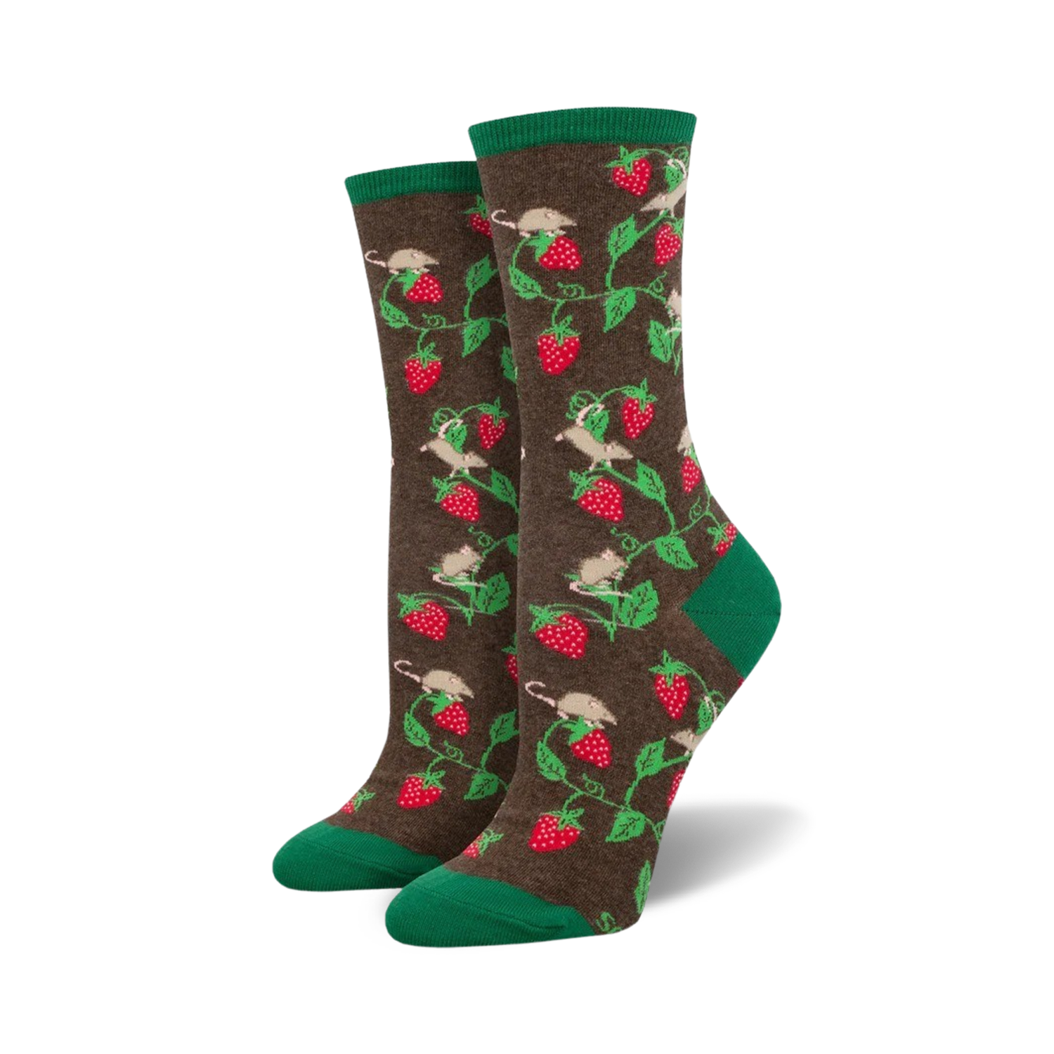 Pair of women's crew socks, brown and green, featuring a pattern of mice on strawberry vines.