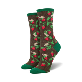 brown crew socks with mouse and strawberry pattern for women.  