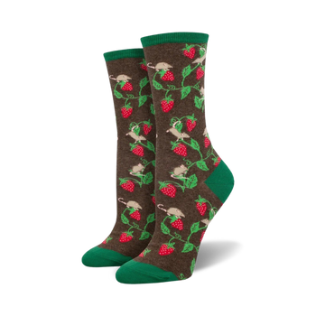 berry mice strawberry themed womens brown novelty crew socks