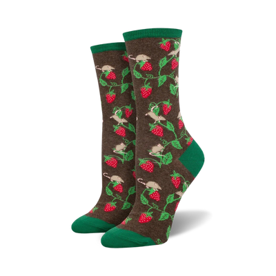 Pair of women's crew socks, brown and green, featuring a pattern of mice on strawberry vines.