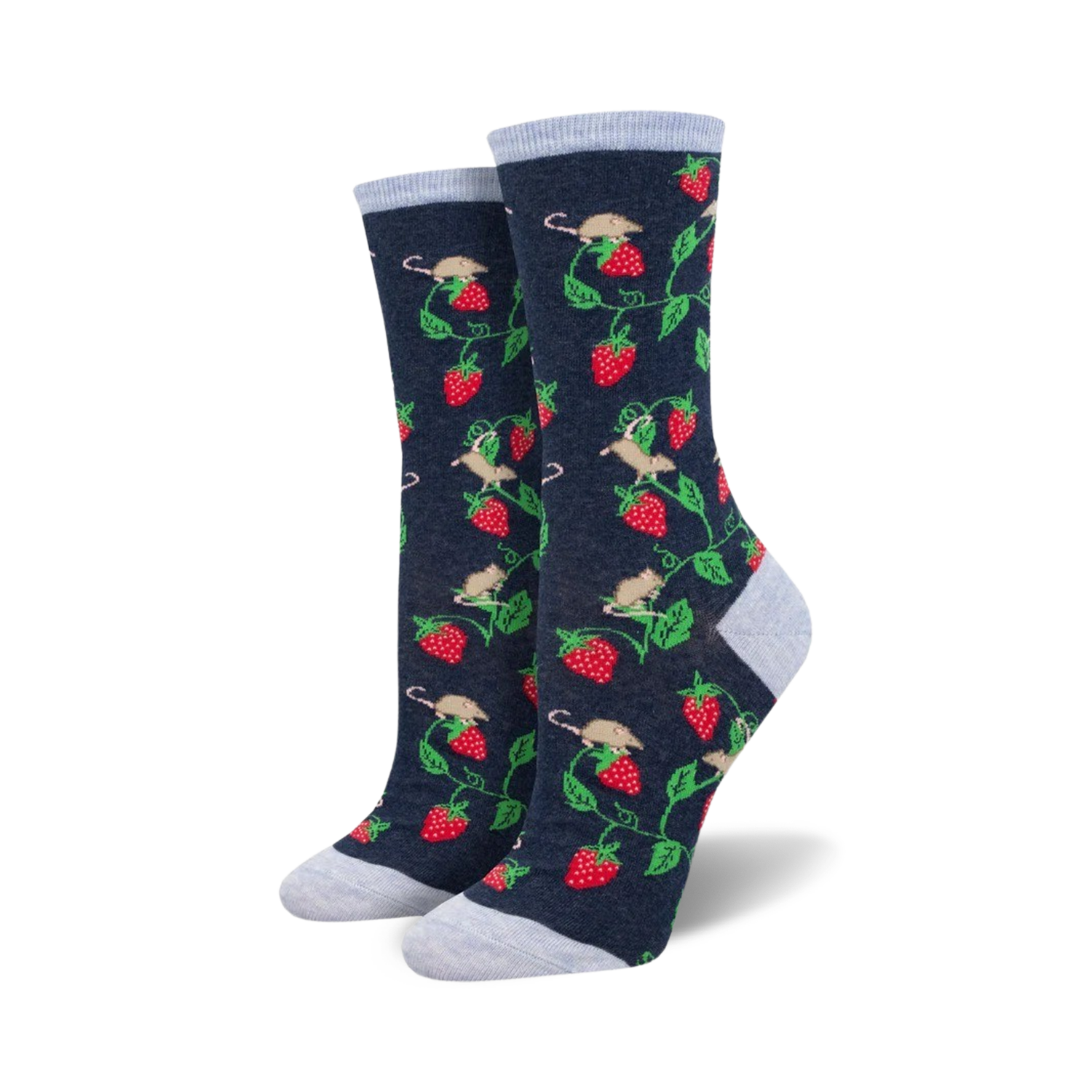 Pair of women's crew socks, navy and light blue, showcasing a pattern of mice on strawberry vines.