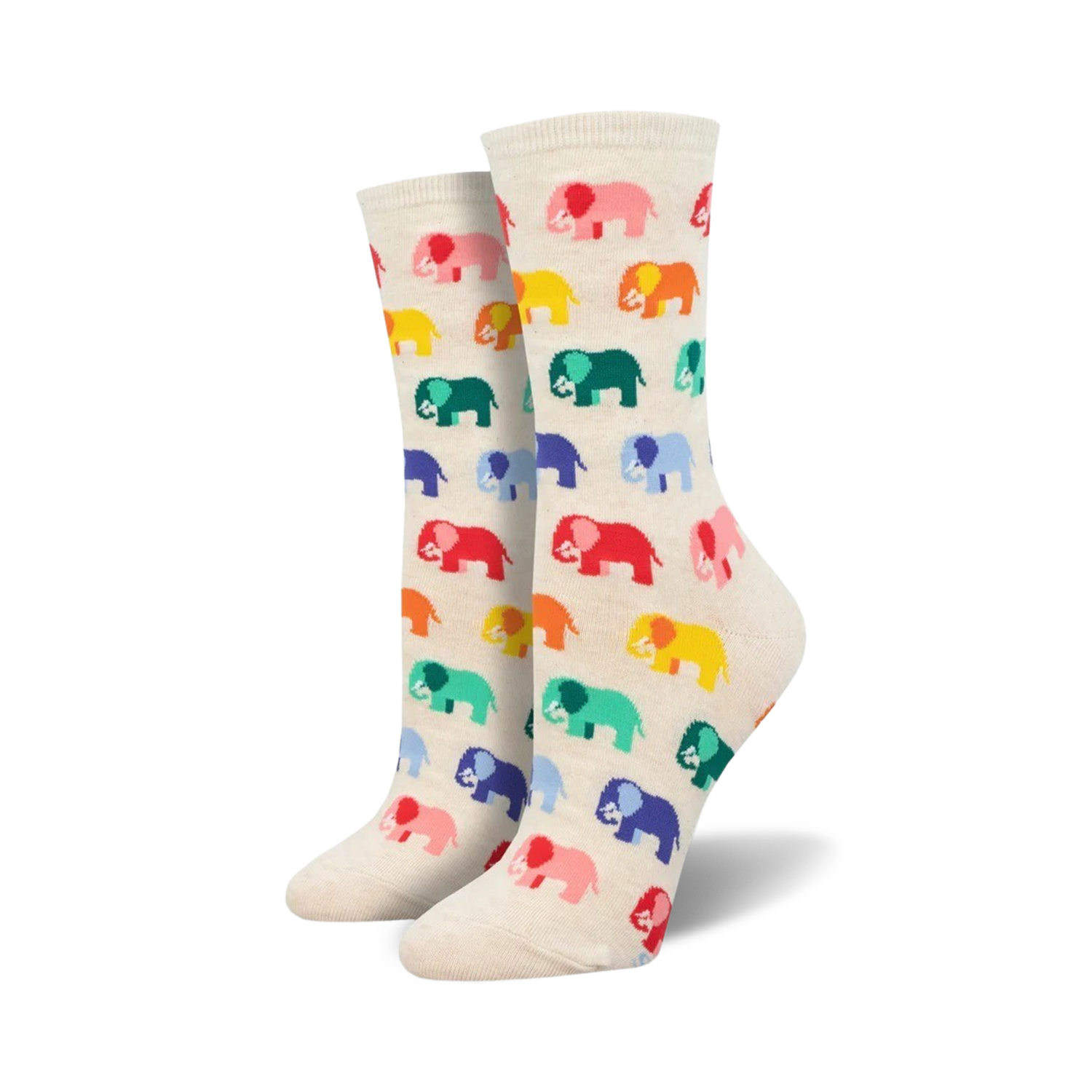 Pair of cream crew socks with a repeating pattern of colorful cartoon elephants.
