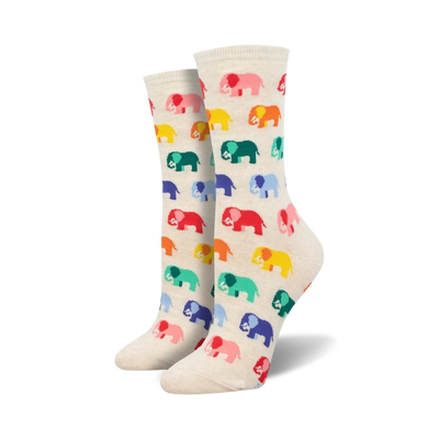 womens crew socks, bright cartoon elephant pattern cream background.  