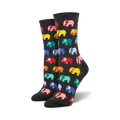 Close-up of a pair of charcoal grey crew socks featuring a colorful elephant pattern.