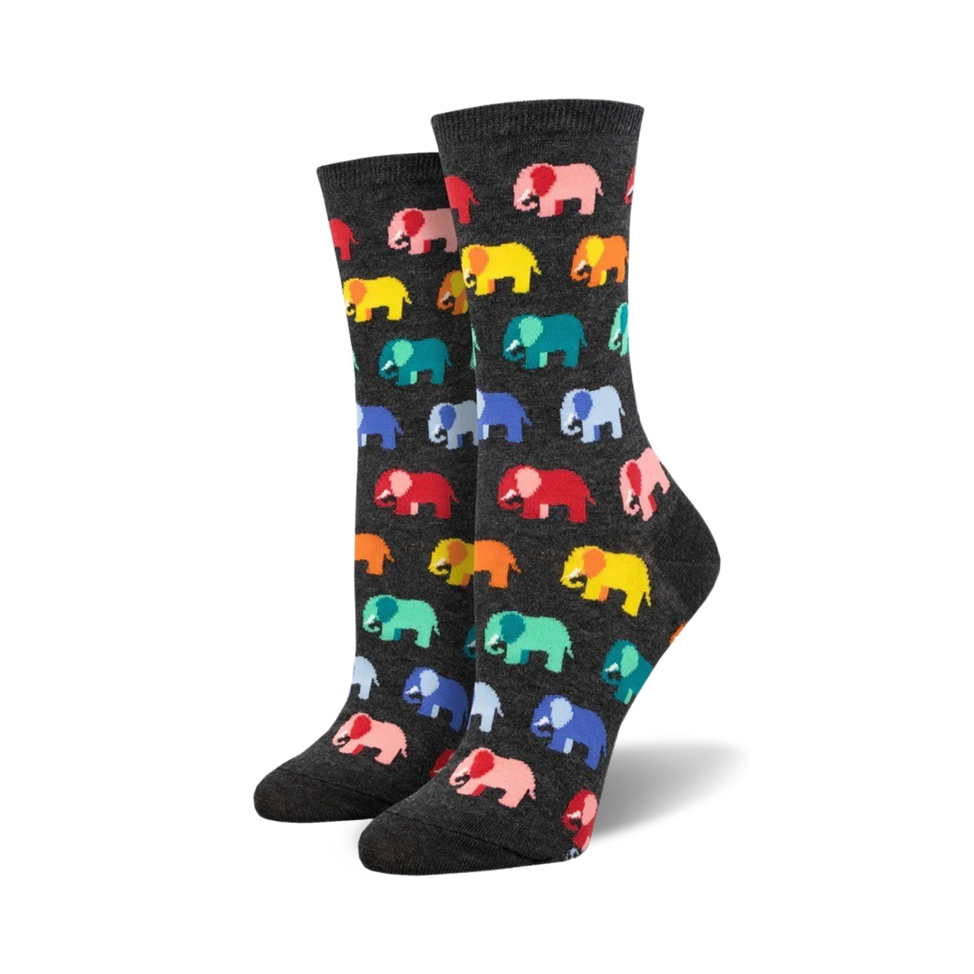 Close-up of a pair of charcoal grey crew socks featuring a colorful elephant pattern.