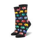 Close-up of a pair of charcoal grey crew socks featuring a colorful elephant pattern.