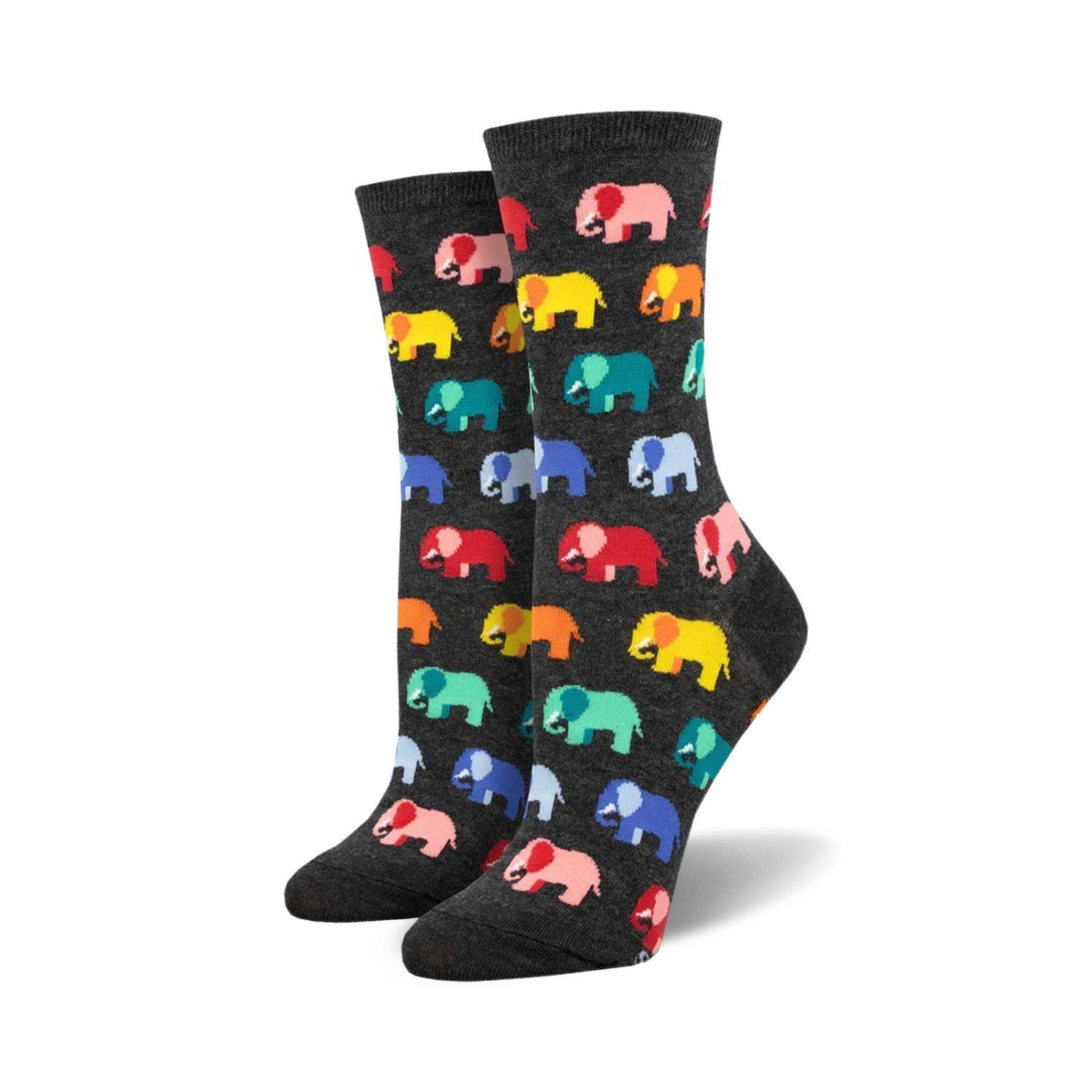 Close-up of a pair of charcoal grey crew socks featuring a colorful elephant pattern.