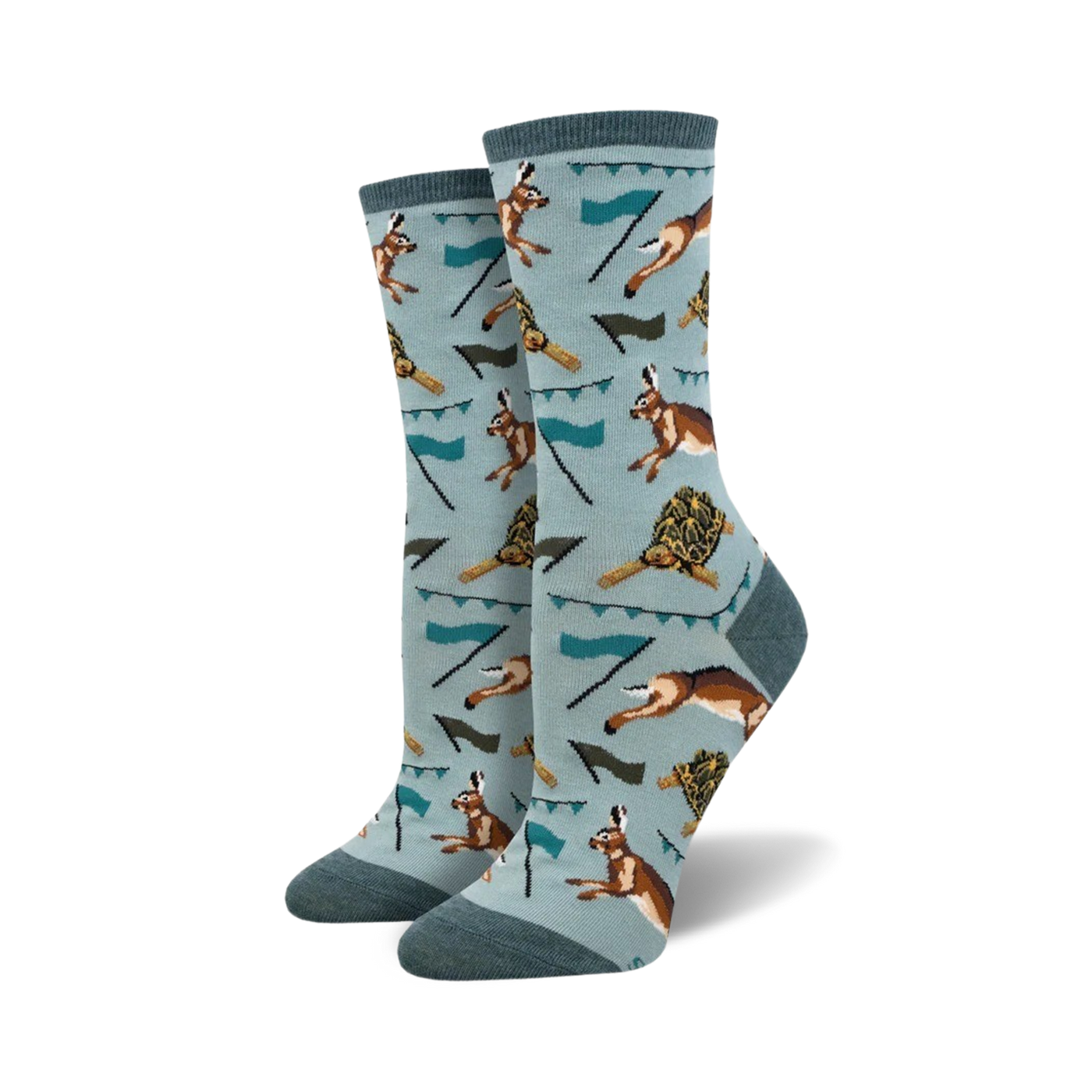 A pair of crew socks with a teal background. The socks feature a repeating pattern of hares, tortoises, and small flags.