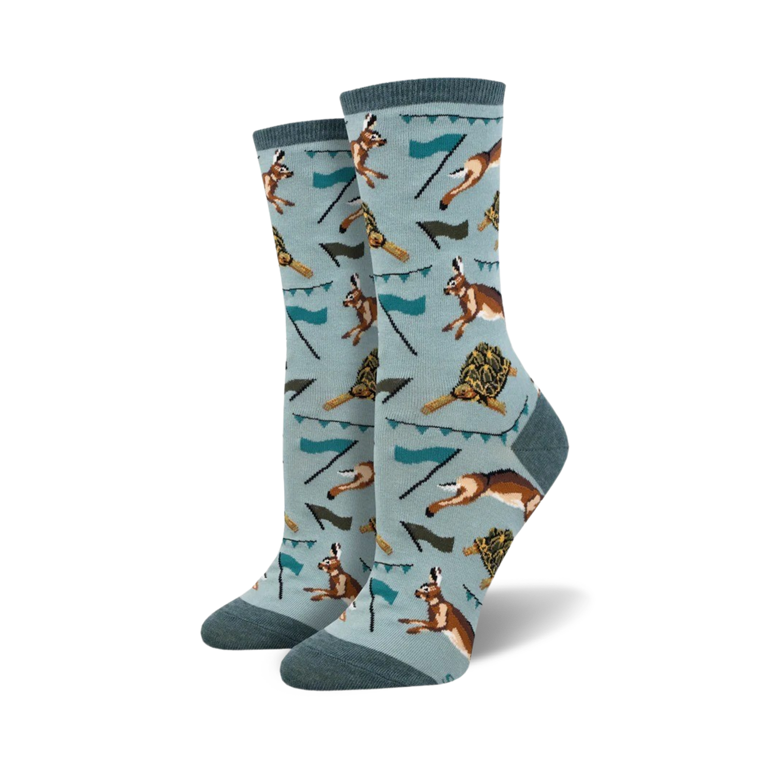 A pair of crew socks with a teal background. The socks feature a repeating pattern of hares, tortoises, and small flags.