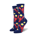 Crew socks in navy blue with a fun pattern of red lobsters, lemon slices, and lobster cracking tools.