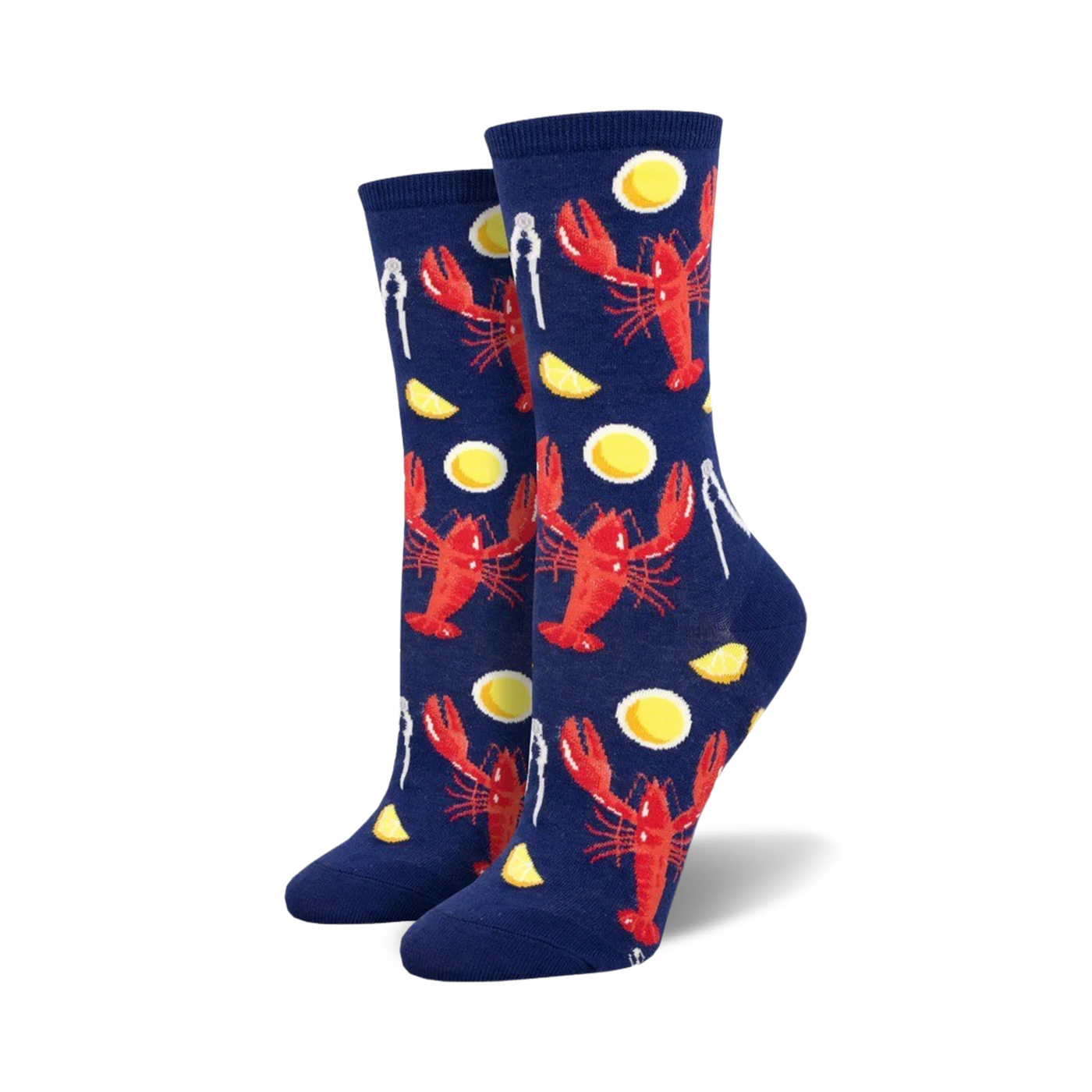 Crew socks in navy blue with a fun pattern of red lobsters, lemon slices, and lobster cracking tools.