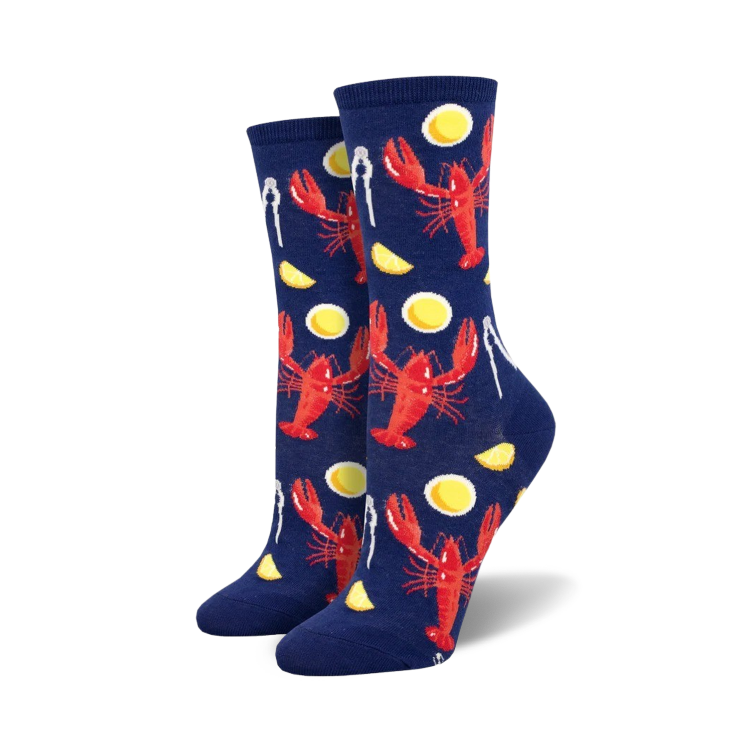 Crew socks in navy blue with a fun pattern of red lobsters, lemon slices, and lobster cracking tools.