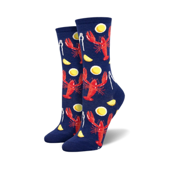 navy blue crew socks with a pattern of red lobsters, yellow lemons, and silver lobster crackers.   