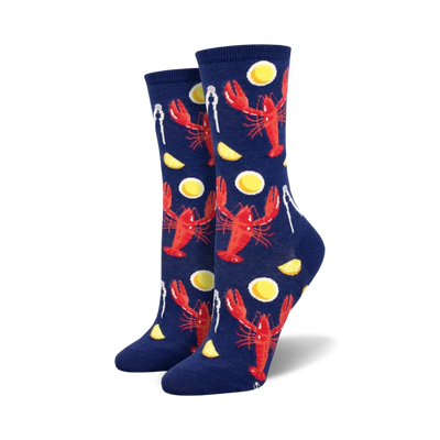 navy blue crew socks with a pattern of red lobsters, yellow lemons, and silver lobster crackers.   