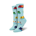 Pair of light blue crew socks with colorful food trucks carrying tacos, burgers, pizza, and fried chicken. 