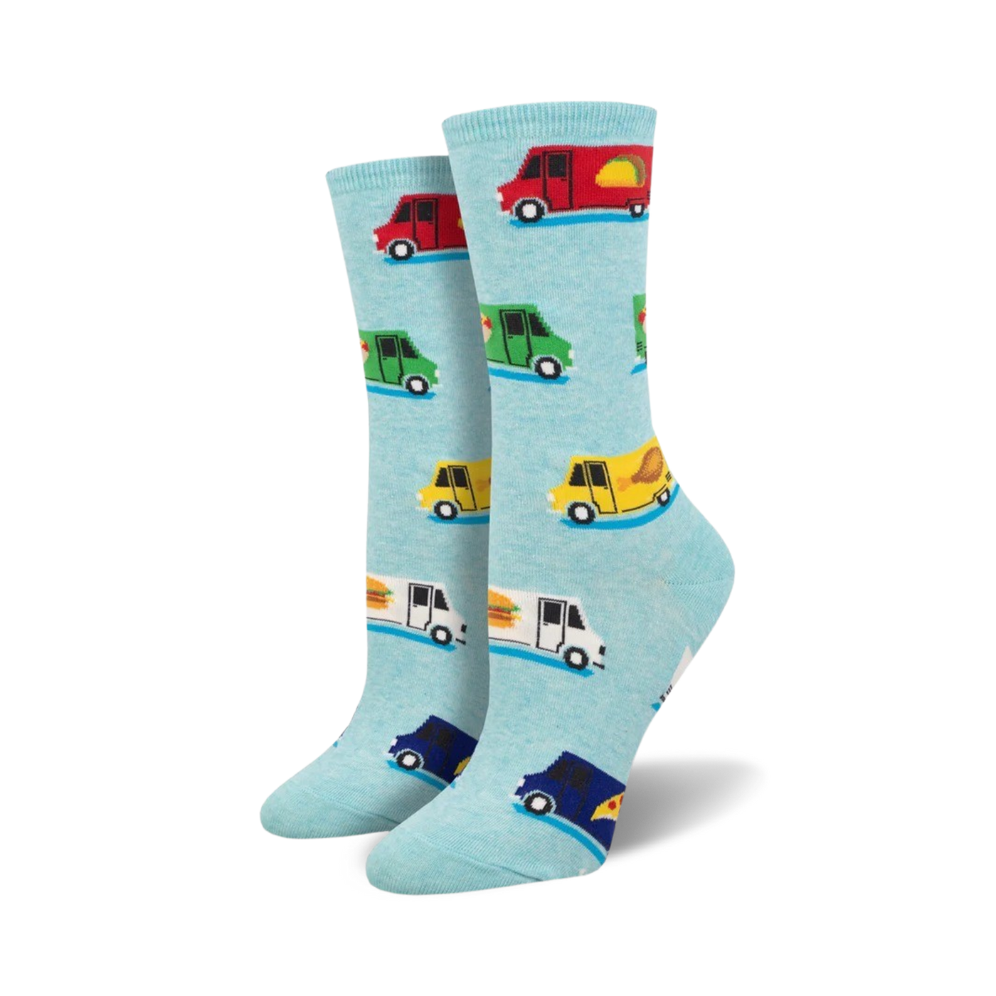 Pair of light blue crew socks with colorful food trucks carrying tacos, burgers, pizza, and fried chicken. 