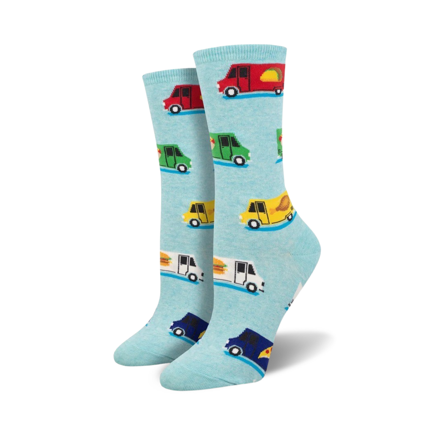 Pair of light blue crew socks with colorful food trucks carrying tacos, burgers, pizza, and fried chicken. 