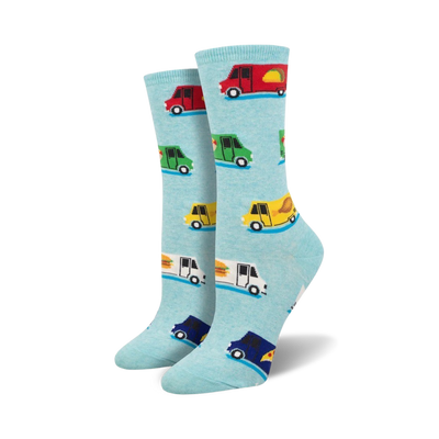 womens' foodie crew socks with colorful food trucks pattern  