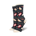 A pair of women's crew socks in navy blue, decorated with illustrated gyoza dumplings and red soy sauce packets.