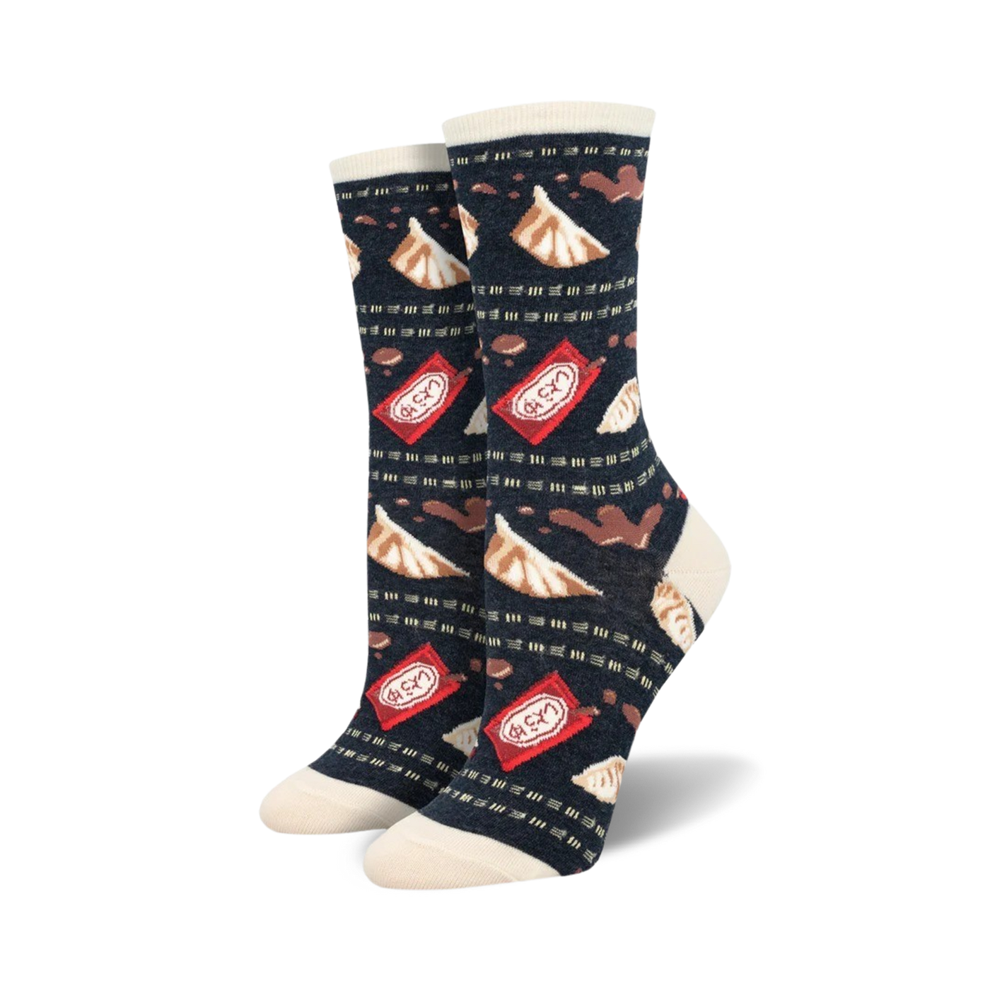 A pair of women's crew socks in navy blue, decorated with illustrated gyoza dumplings and red soy sauce packets.