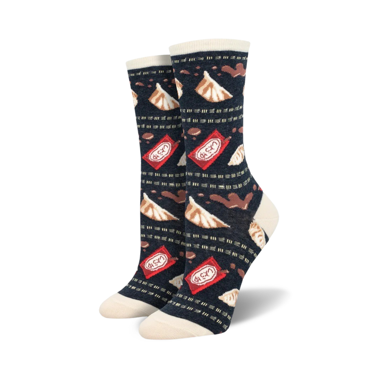 A pair of women's crew socks in navy blue, decorated with illustrated gyoza dumplings and red soy sauce packets.