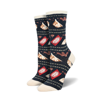 gyoza themed women's crew socks feature japanese dumplings and red and white candy wrappers.   